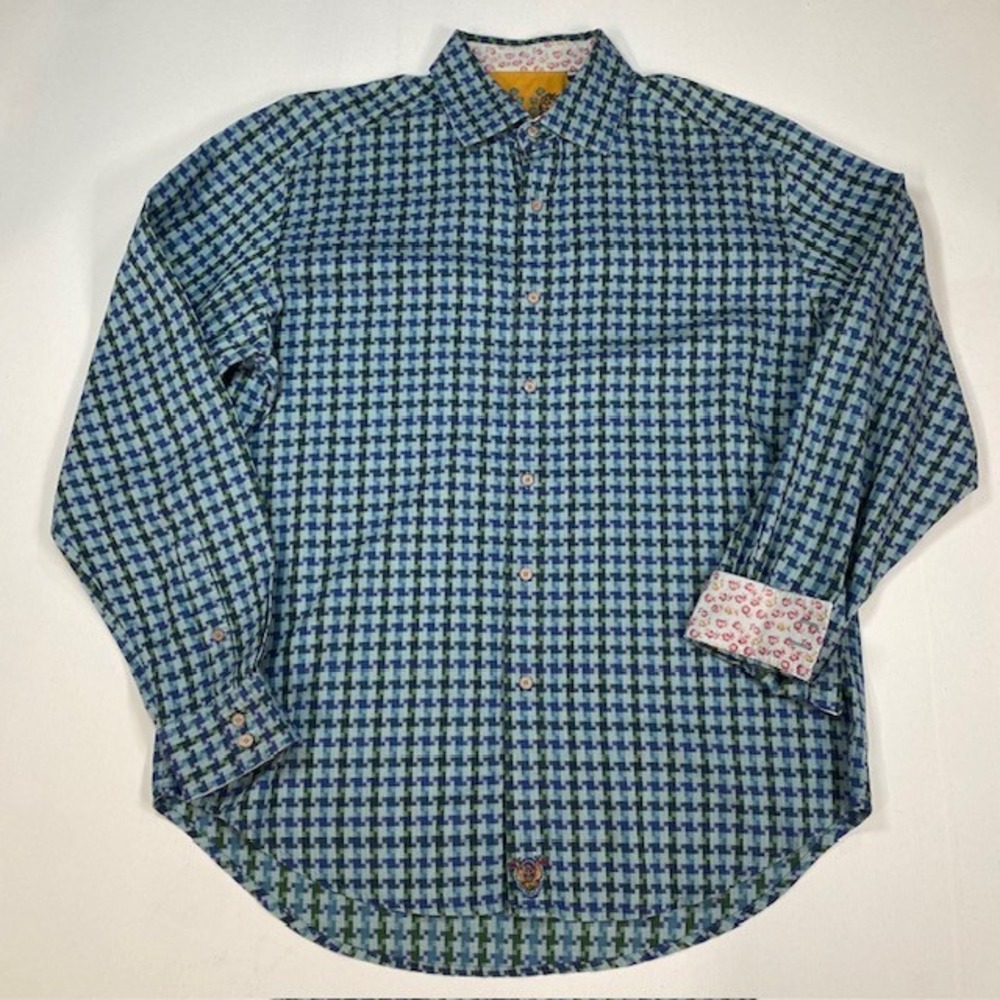 Robert Graham Mens Large Blue Green Houndstooth Geometric‎ Long Sleeve Shirt